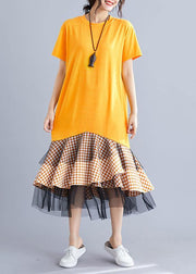 Women yellow cotton tunic dress patchwork plaid A Line summer Dresses - SooLinen