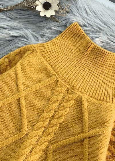 Women yellow crane tops high neck thick fall fashion knitwear - SooLinen