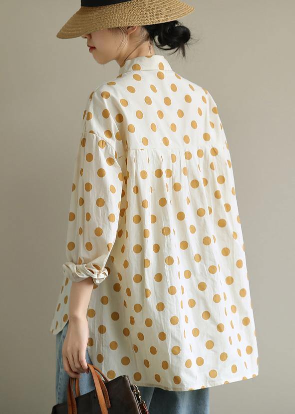 Women yellow dotted clothes lapel low high design Knee blouses - SooLinen