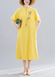 Women yellow embroidery cotton clothes short Maxi summer Dress - SooLinen