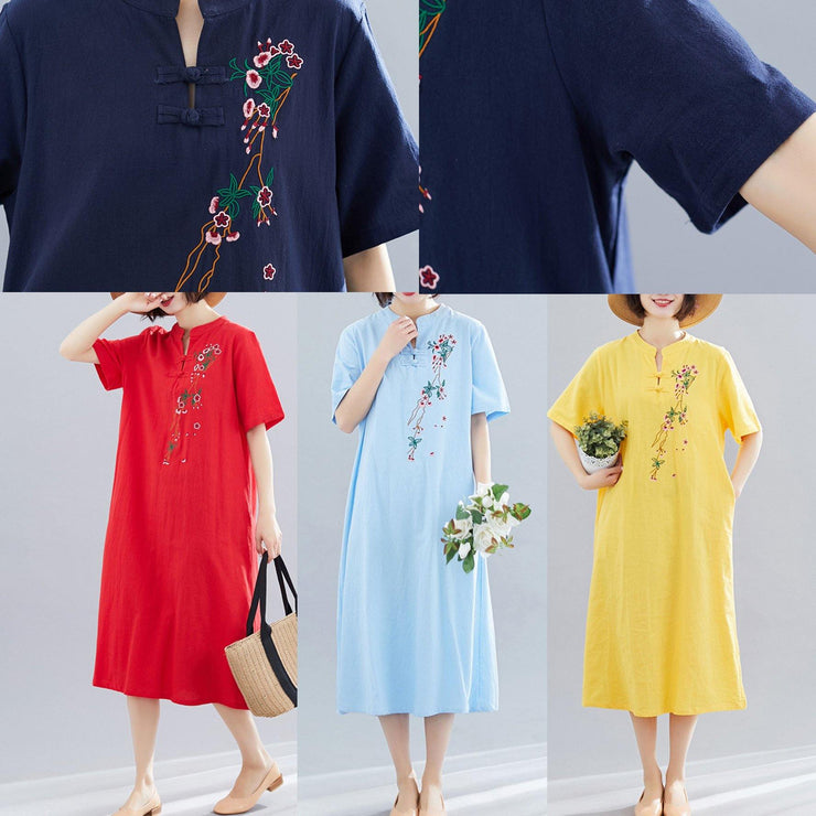 Women yellow embroidery cotton clothes short Maxi summer Dress - SooLinen