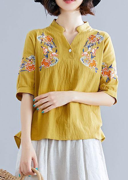 Women yellow embroidery linen cotton Blouse Sewing v neck summer top - SooLinen