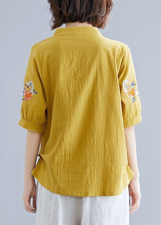 Women yellow embroidery linen cotton Blouse Sewing v neck summer top - SooLinen
