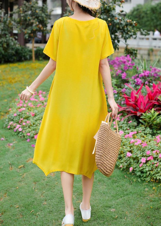 Women yellow embroidery linen cotton o neck baggy summer Dresses - SooLinen
