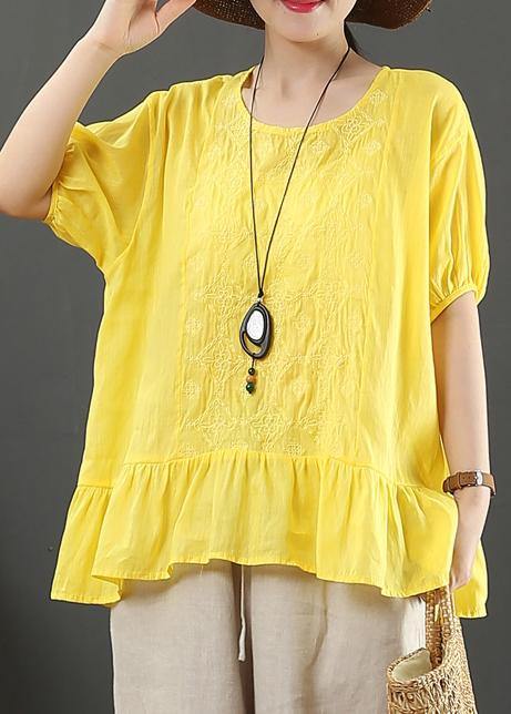 Women yellow embroidery linen tops for women o neck loose shirt - SooLinen