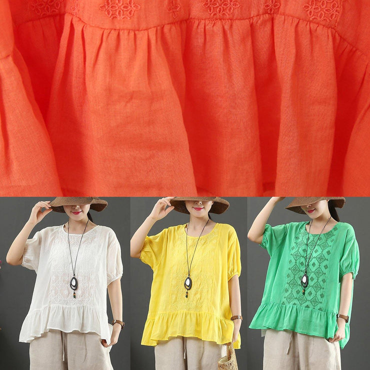 Women yellow embroidery linen tops for women o neck loose shirt - SooLinen