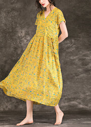 Women Yellow Floral Chiffon Dress Fine Design V Neck Tie Waist Chiffon Summer Dress