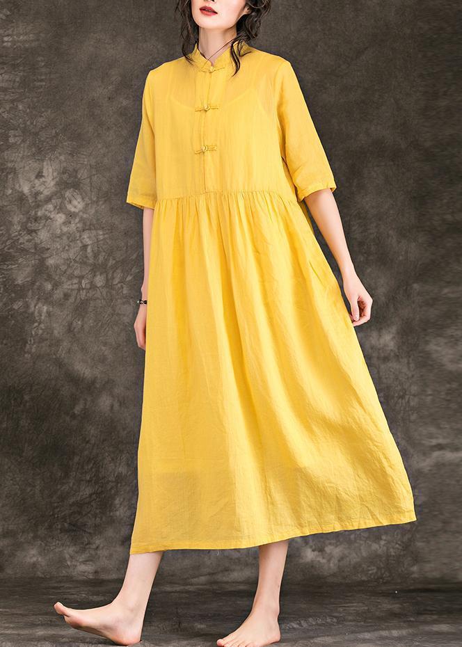 Frauen gelbe Leinenkleidung plus Größe Outfits Stehkragen Halbarm lange Sommerkleider