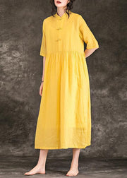 Frauen gelbe Leinenkleidung plus Größe Outfits Stehkragen Halbarm lange Sommerkleider