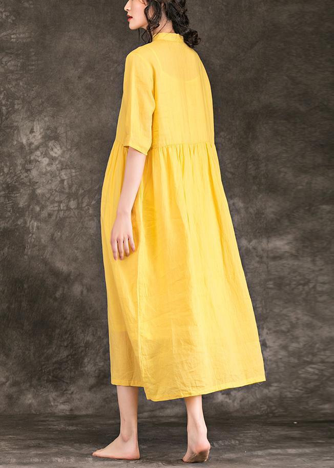 Women yellow linen clothes plus size Outfits stand collar Half sleeve long Summer Dresses