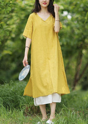 Women yellow linen cotton Robes v neck side open Art summer Dress - SooLinen