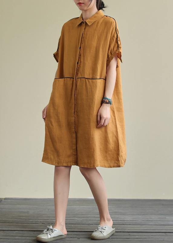 Women yellow linen dress lapel pockets Plus Size summer Dresses - SooLinen