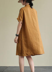 Women yellow linen dress lapel pockets Plus Size summer Dresses - SooLinen
