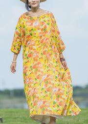 Women yellow print linen dresses o neck asymmetric Traveling summer Dresses - SooLinen
