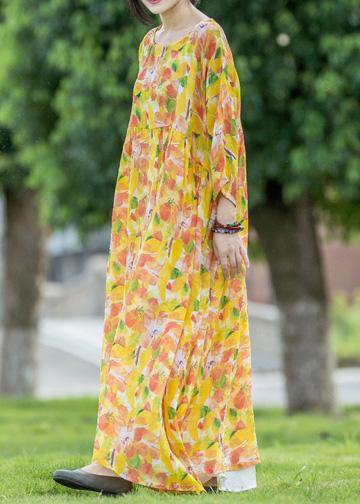 Women yellow print linen dresses o neck asymmetric Traveling summer Dresses - SooLinen