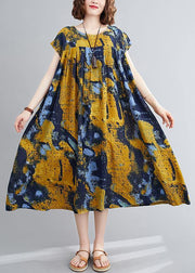 Women yellow print quilting dresses o neck Cinched Maxi summer Dress - SooLinen