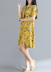 Women yellow prints Cotton clothes loose waist daily summer Dress - SooLinen