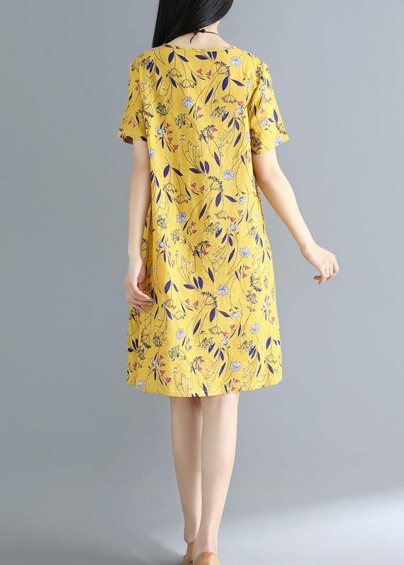 Women yellow prints Cotton clothes loose waist daily summer Dress - SooLinen