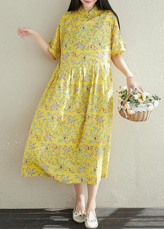 Women yellow prints cotton clothes For Women stand collar A Line summer Dresses - SooLinen