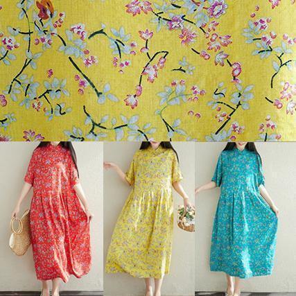 Women yellow prints cotton clothes For Women stand collar A Line summer Dresses - SooLinen