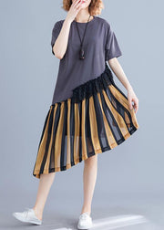 Women yellow striped Cotton o neck patchwork shift summer Dress - SooLinen