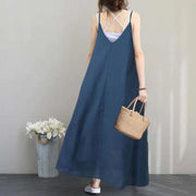 Women Blue Long Linen Dress Oversized Sleeveless Linen Gown Women V Neck Gown