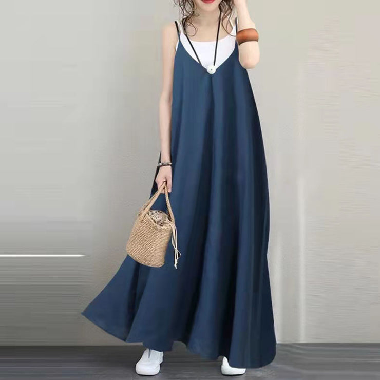 Damen blaues langes Leinenkleid Übergroßes ärmelloses Leinenkleid Damenkleid mit V-Ausschnitt