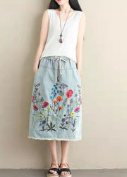 Women Light Blue Embroidered Pockets A-Line Summer Denim Skirts