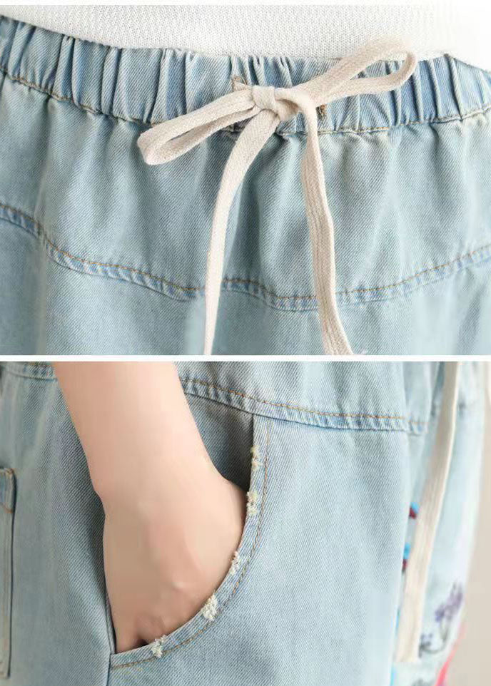 Damen hellblau bestickte Taschen A-Linie Sommer Jeansröcke