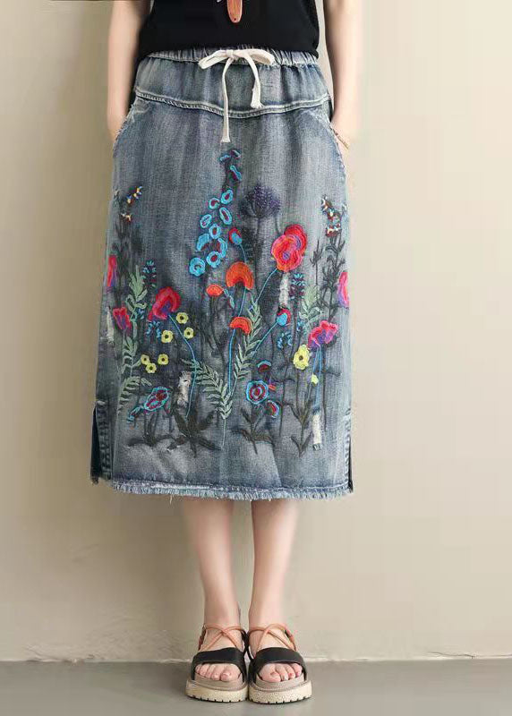Women Light Blue Embroidered Pockets A-Line Summer Denim Skirts