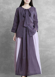 Women's Autumn Purple Suit Lace-up Three-quarter Sleeve Shirt Contrasting Color Sweater Skirt - SooLinen
