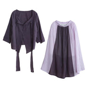 Women's Autumn Purple Suit Lace-up Three-quarter Sleeve Shirt Contrasting Color Sweater Skirt - SooLinen