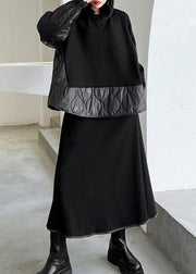 Women's Retro Winter Fashion Black Patchwork sweater skirt two piece set - SooLinen
