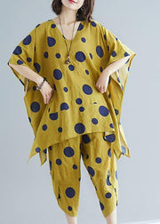 Women's art yellow dot print long T-shirt top + casual cotton wide leg pants - SooLinen