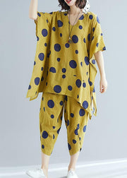 Women's art yellow dot print long T-shirt top + casual cotton wide leg pants - SooLinen
