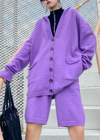 Women's autumn plus size fashion knitted cardigan shorts purple two-piece - SooLinen