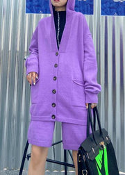 Women's autumn plus size fashion knitted cardigan shorts purple two-piece - SooLinen