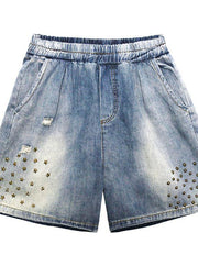 Women's loose straight denim blue shorts large size thin section rivet hole five-point pants - SooLinen