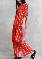 Women's loose suits, wear more red stripes stitching shirts, casual wide-leg pants - SooLinen
