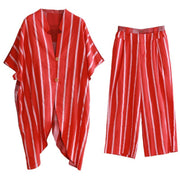 Women's loose suits, wear more red stripes stitching shirts, casual wide-leg pants - SooLinen