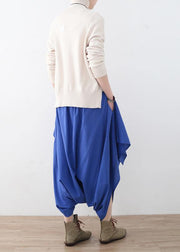 Women's original design literary irregular asymmetric blue cropped trousers - SooLinen