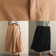 Women's simple retro solid color elastic waist casual khaki wide leg culottes - SooLinen