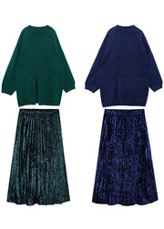 Women's spring plus size sweater mid-length velvet skirt pleated skirt two-piece - SooLinen