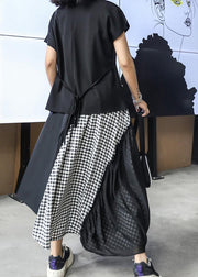 Women's summer mid-length a-line skirt high waist fashion black stitching chiffon plaid skirt - SooLinen