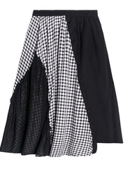Women's summer mid-length a-line skirt high waist fashion black stitching chiffon plaid skirt - SooLinen