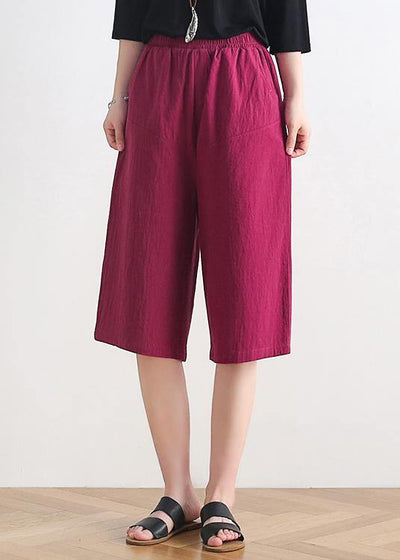 Women's summer new loose high waist five points wide leg pants linen burgundy straight shorts - SooLinen