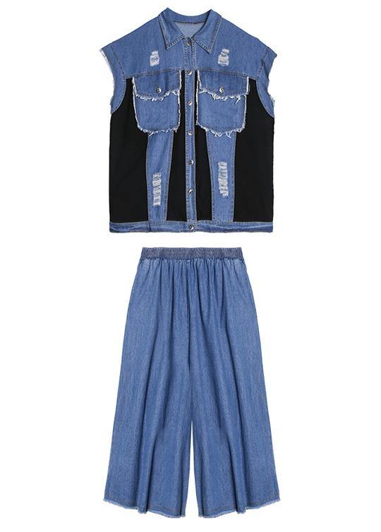 Sold Out- trendy large size thin western denim blue waistcoat wide leg pants two-piece suit - SooLinen