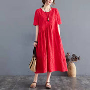 Women o neck Cinched cotton linen clothes Wardrobes red Dress summer