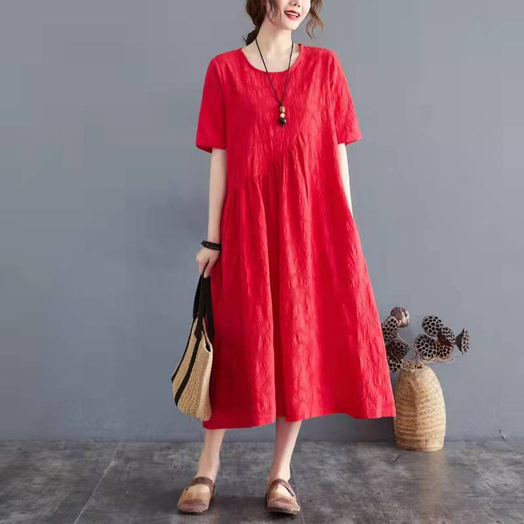 Frauen o Hals Cinched Baumwolle Leinen Kleidung Kleiderschränke rotes Kleid Sommer