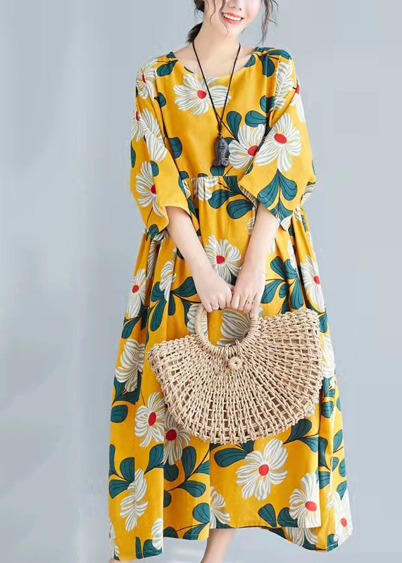Women o neck tie waist Cotton clothes For Women Pakistani Wardrobes yellow print tunic Dress Summer